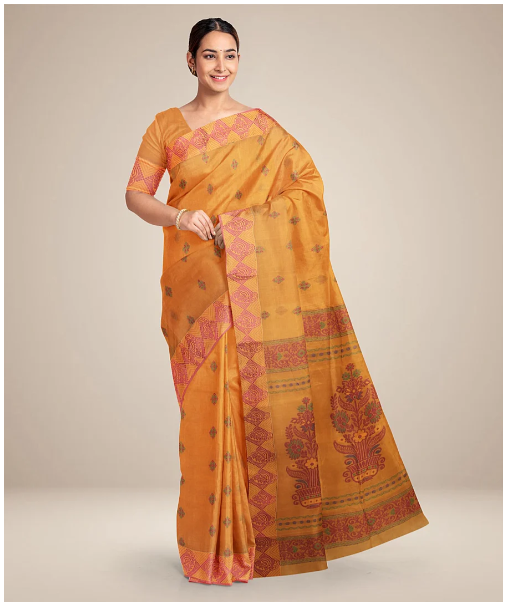 Orange maroon tangail cotton Powerloom saree